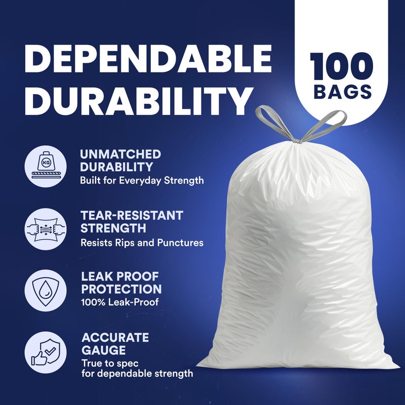 Plasticplace 8 Gallon Trash Bags: Premium White Drawstring Garbage Bag, 0.7 Mil Thickness, Durable Trash Can Liners, Garbage Bags for your Trash Can, Ring Size 22" x 22" (Pack of 100) - Image 4